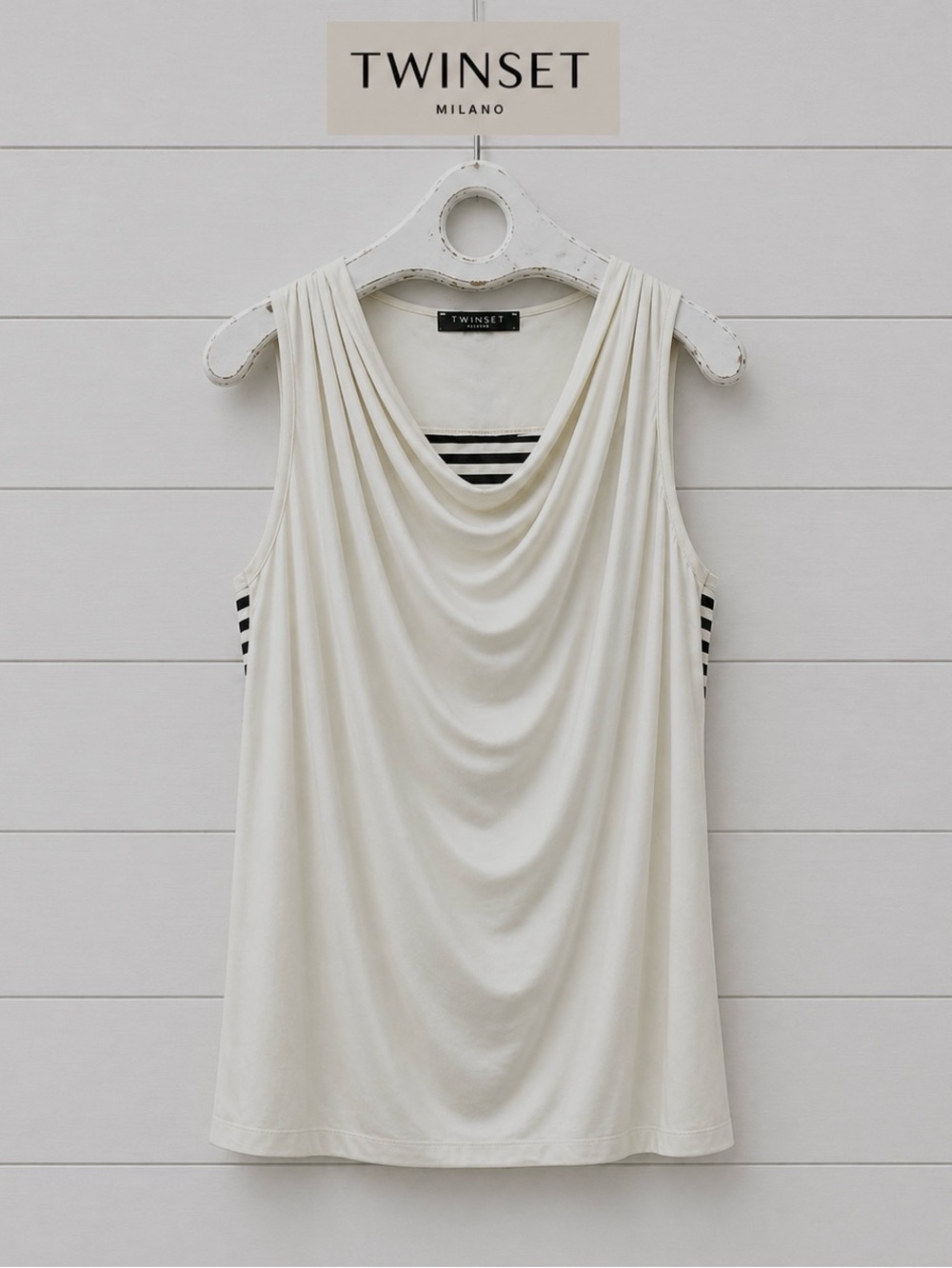 TWIN-SET SIMONA BARBIERI – Ivory & Black Striped Drape-Front Top – Size L